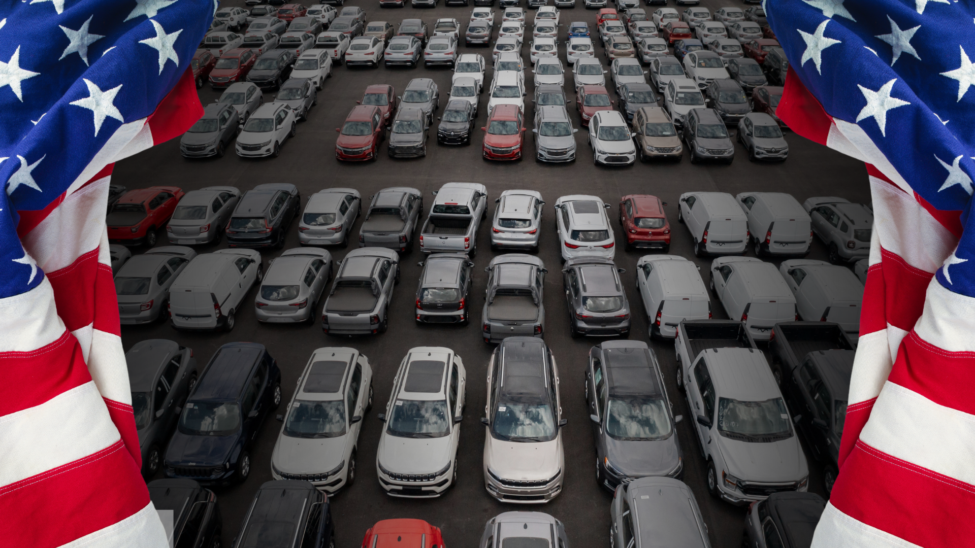 Cars in a parking lot, with american curtains by the side.
